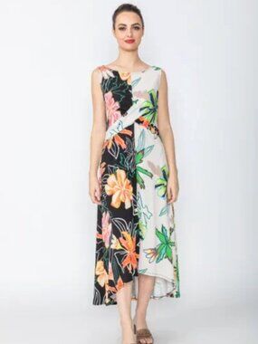 IC Collection Happy Print Split Sleevless Contrast Hi/Low Floral Midi Dress, M